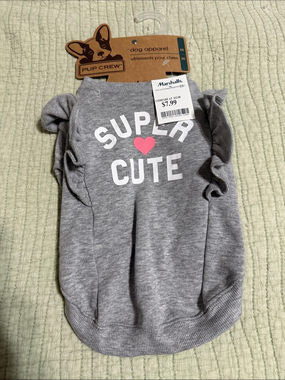 NWT PUP CREW Super Cute Gray Dog Sweater with Pink Heart